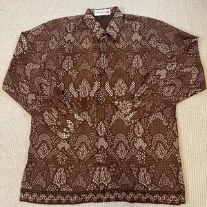 Batik Semar Shirt Mens X-Large Brown Batik Long Sleeve Button Down Lined